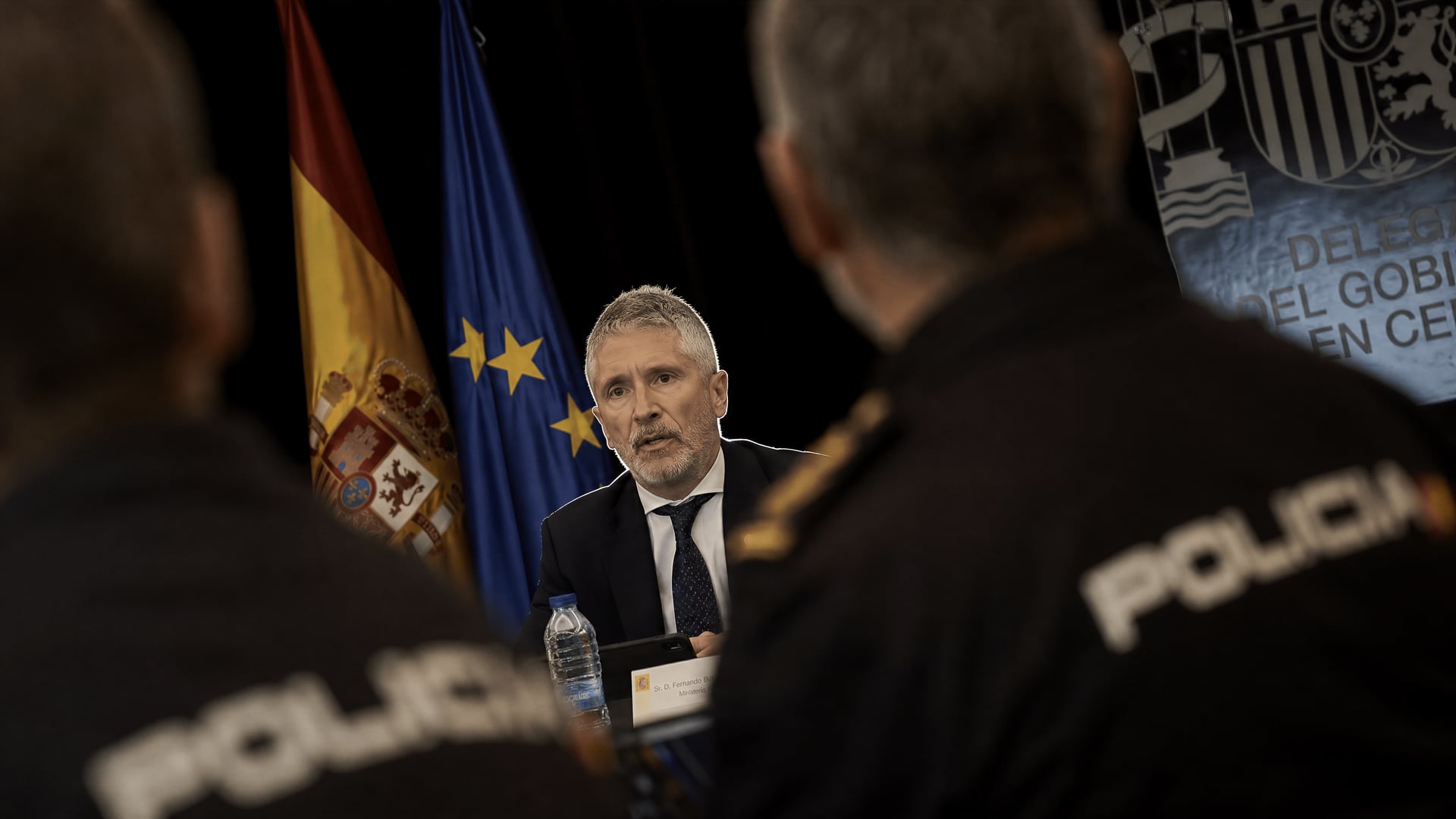 Fernando Grande-Marlaska addressing police commanders at the Government Delegation in Ceuta